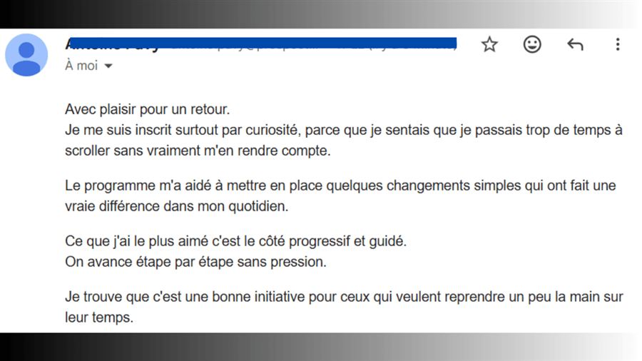 Témoignage original d’un participant, retour reçu par email.